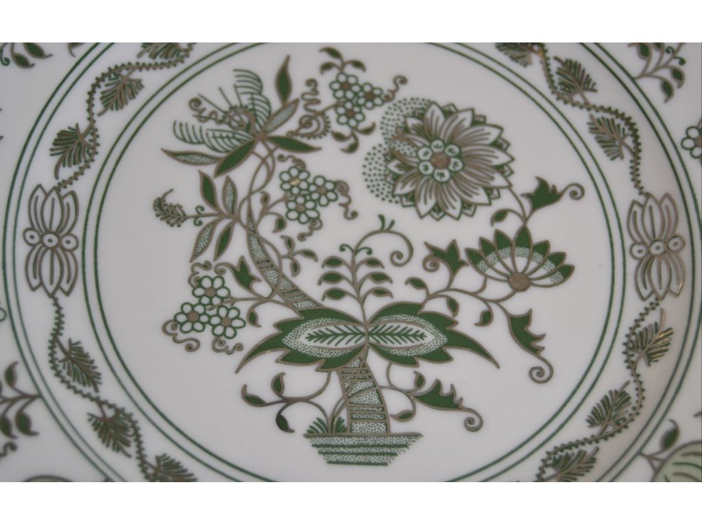 Talíř dezertní praporový 19 cm - originální cibulák zelený s platinou, cibulový porcelán Dubí