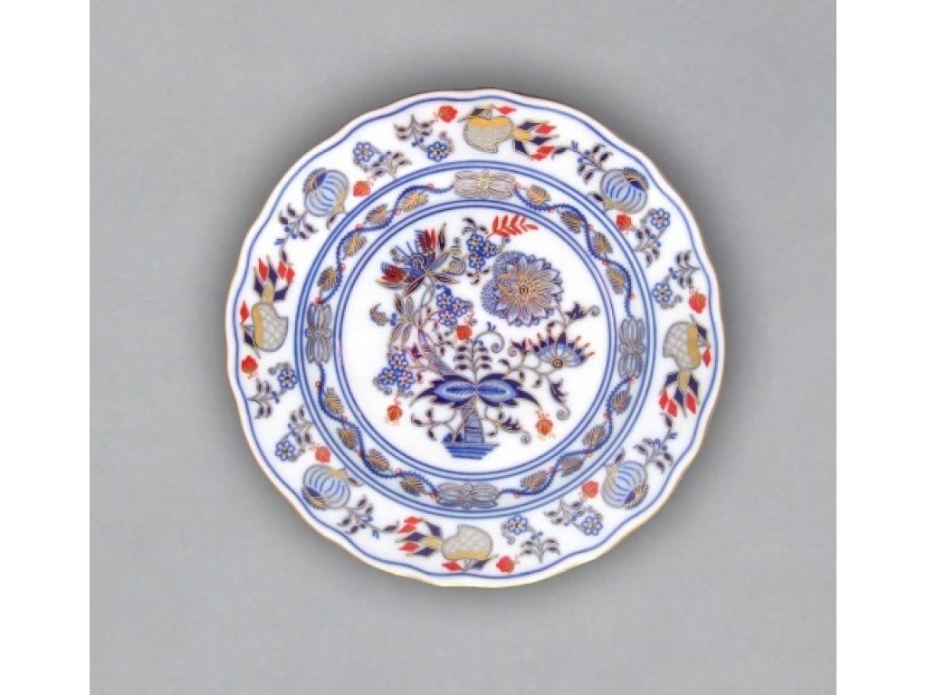 Talíř dezertní 19 cm - originální cibulák zlacený s dekorací rubín, cibulový porcelán Dubí