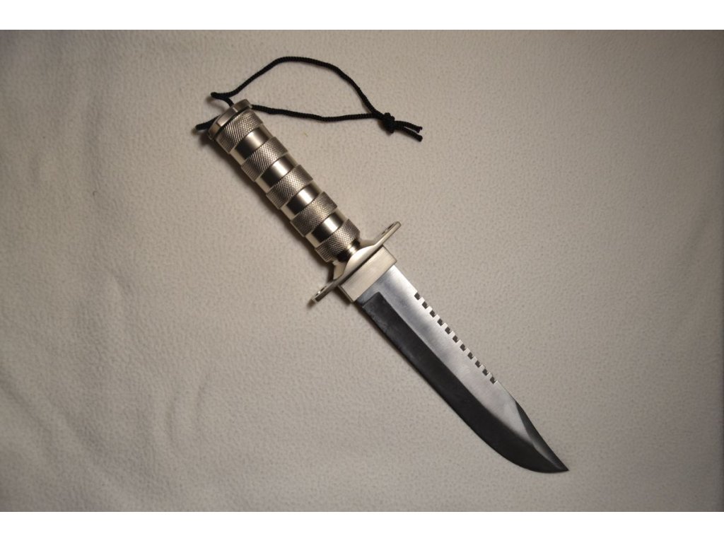 military survival knife with waterproof compartment and double-edged blade.