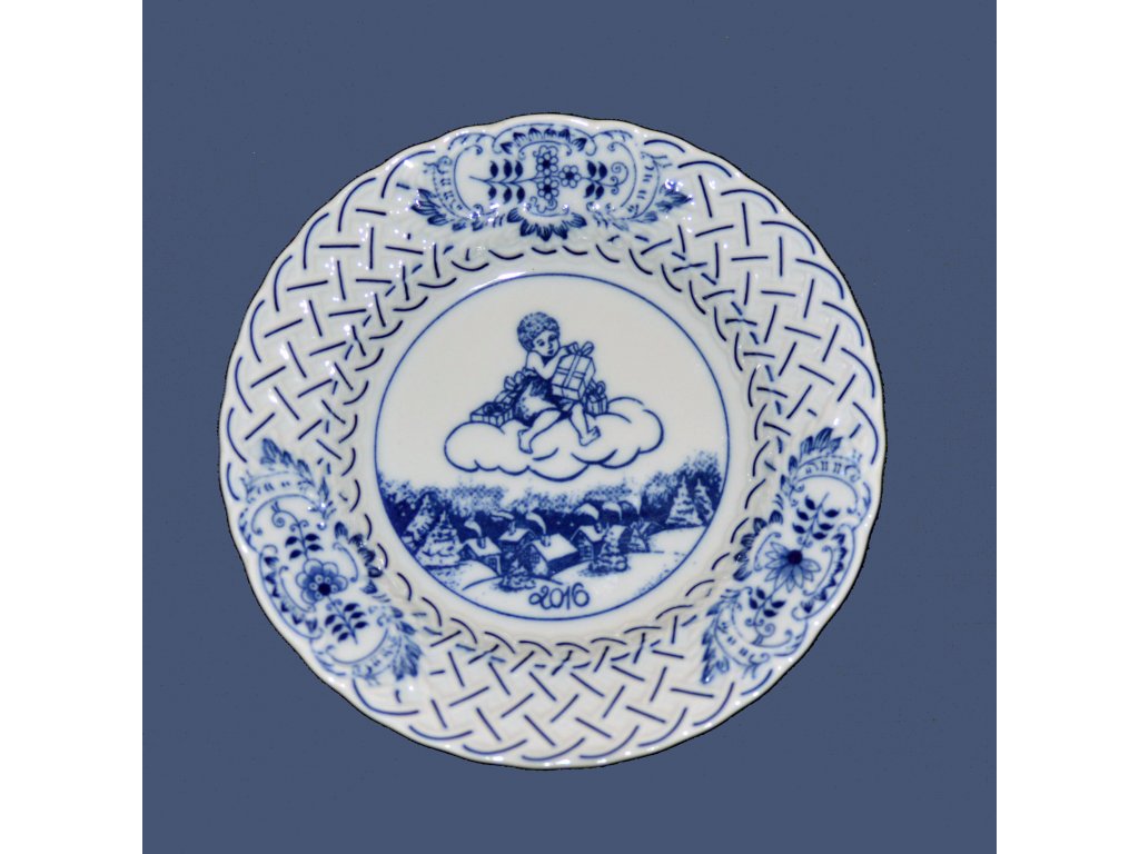 Zwiebelmuster Teller Jubiläum 2016 geprägt hängend 18cm Original Bohemia Porzellan Dubi Karlsbader
