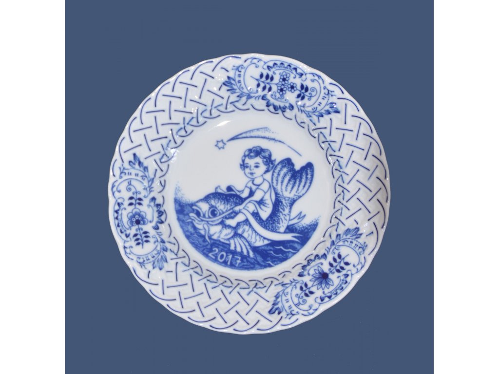 Zwiebelmuster Teller Jubiläum 2017 geprägt hängend 18cm Original Bohemia Porzellan Dubi Karlsbader