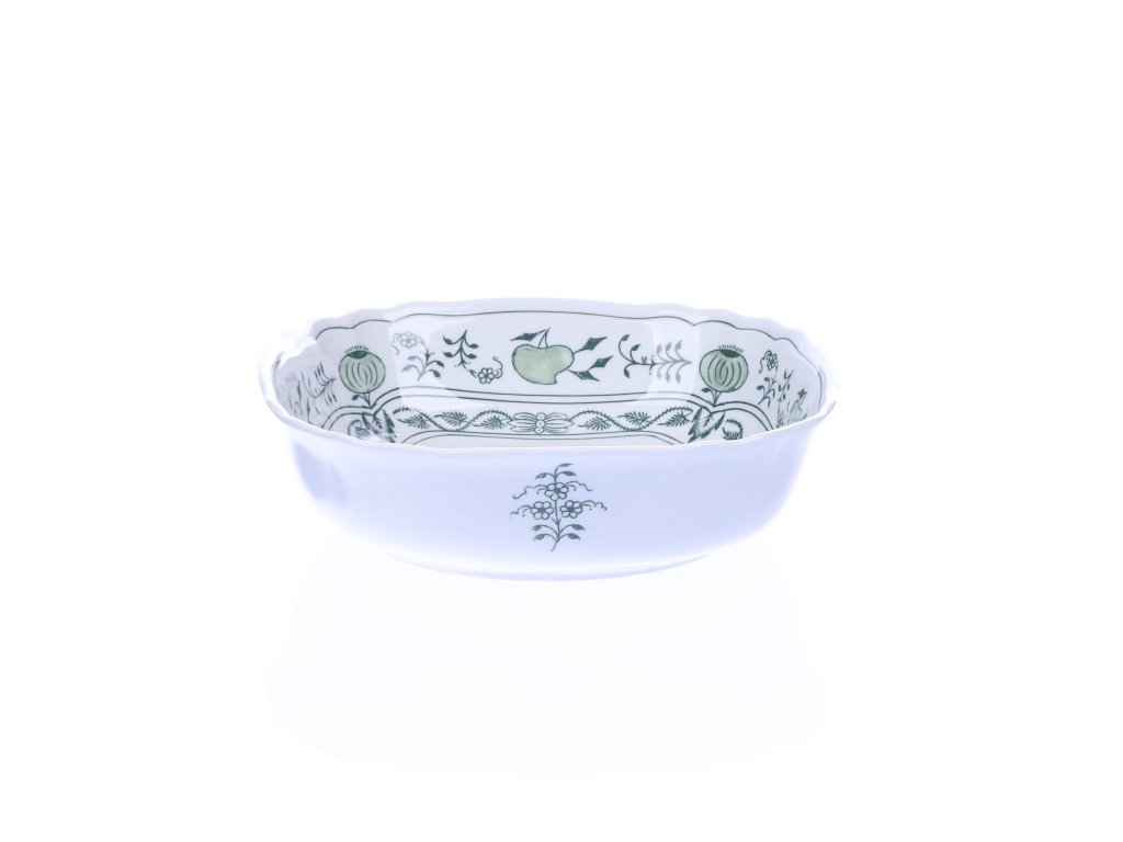 GRÜN  Zwiebelmuster Quadratische italienische Salatschüssel 19 cm x 5 cm Original Bohemia Porzellan Dubi Karlsbader