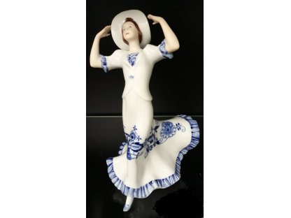 Blue Onion Pattern Lady with Hat Dux 23 cm Czech porcelain Dubí