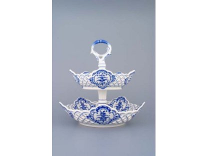 Cibulák Etažér 2-dílný mísy pětihranné prolamované porcelán tyčka 27 cm originální cibulákový porcelán Dubí, cibulový vzor,