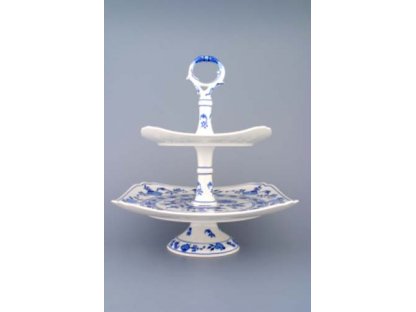 Cibulák Etažér 2-dílný talíře hranaté na noze nízký, porcelánová tyčka 30 cm originální cibulákový porcelán Dubí, cibulový vzor,