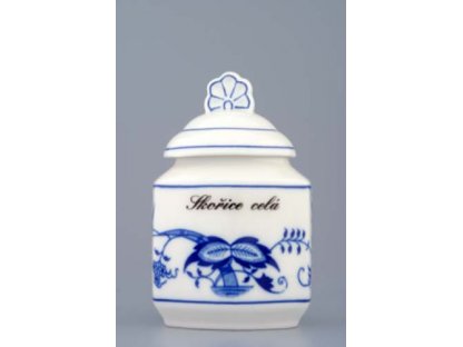 Cibulák Kořenka s víčkem a nápisem a receptem 50 druhů, 0,20 l originální cibulákový porcelán Dubí, cibulový vzor