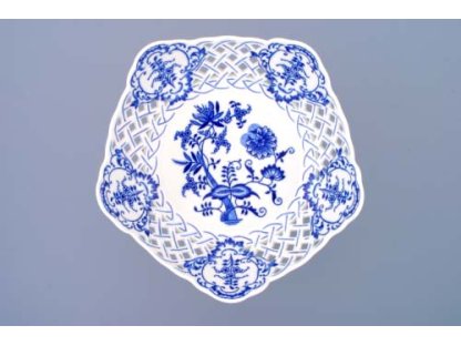 Zwiebelmuste Fünfeckige durchbrochene Schüssel 24cm auf einem Tortenständer 950g Original Bohemia Porzellan Dubi Karlsbader 