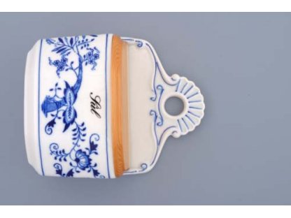 Cibuľová nádoba s dreveným viečkom a nápisom Soľ 0,70 l originálny cibuľový porcelán Dubí cibuľový vzor