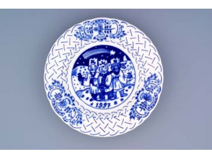 Cibulák tanier závesný reliéfny  výročný 1997 18 cm cibulový porcelán originálny cibulák Dubí