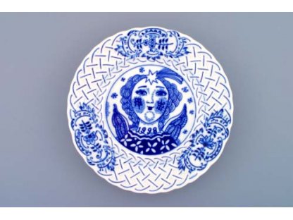 Cibulák Talíř výroční 1998 závěsný reliéfní 18 cm  originální cibulákový porcelán Dubí , cibulový vzor,