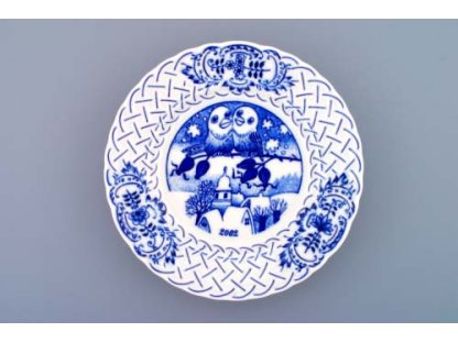 Cibulák Talíř výroční 2002 závěsný reliéfní 18 cm , originální cibulákový porcelán Dubí , cibulový vzor,