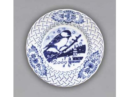 Cibulák Talíř výroční 2009 závěsný reliéfní 18 cm , originální cibulákový porcelán Dubí , cibulový vzor,