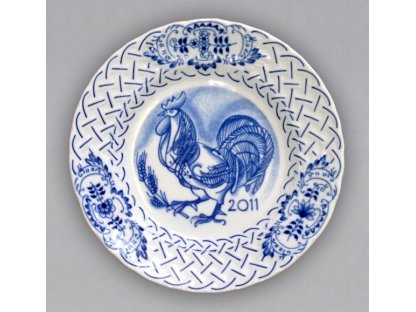 Cibulák Talíř výroční 2011 závěsný reliéfní 18 cm , originální cibulákový porcelán Dubí , cibulový vzor,