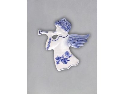 Cibulák Vánoční ozdoba anděl s trumpetou hladký 9,5 cm originální cibulákový porcelán Dubí, cibulový vzor