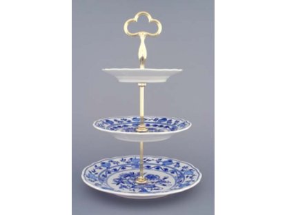 Cibulákový etažér 3-dílný- talíře plné, zlacená tyčka 35 cm originální cibulákový porcelán Dubí, cibulový vzor,