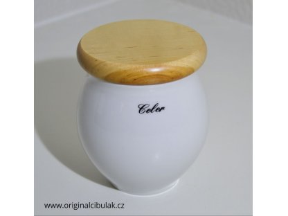 dóza Baňák s dřevěným uzávěrem   Celer  bílá 10 cm  český porcelán Dubí