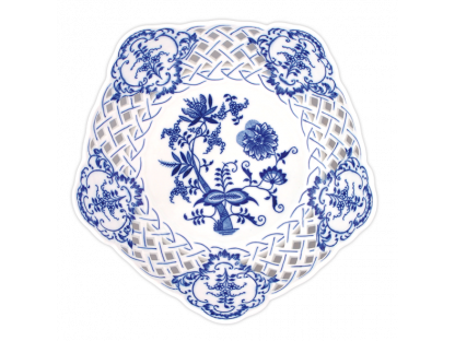 Zwiebelmuste Fünfeckige durchbrochene Schüssel 24cm auf einem Tortenständer 950g Original Bohemia Porzellan Dubi Karlsbader 