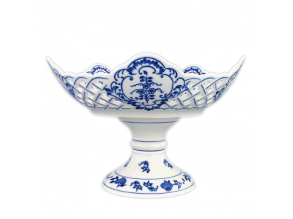 Zwiebelmuste Fünfeckige durchbrochene Schüssel 24cm auf einem Tortenständer 950g Original Bohemia Porzellan Dubi Karlsbader 