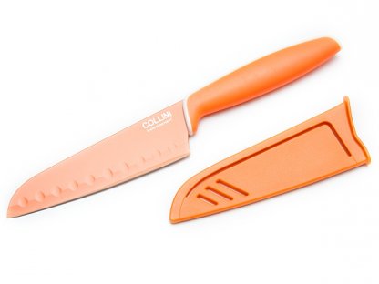 Nôž kuchynský santoku Sandrik Berndorf oceľ čepeľ 13 cm teflónový Collini oranžový