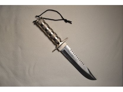 military survival knife with waterproof compartment and double-edged blade.
