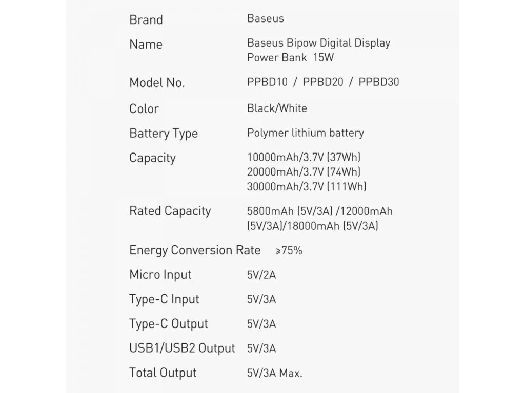 Bipow powerbanka s displejem 10000mAh 15W černá (Overseas Edition) + USB-A - Micro USB 0,25m kabel černá (PPBD050001)