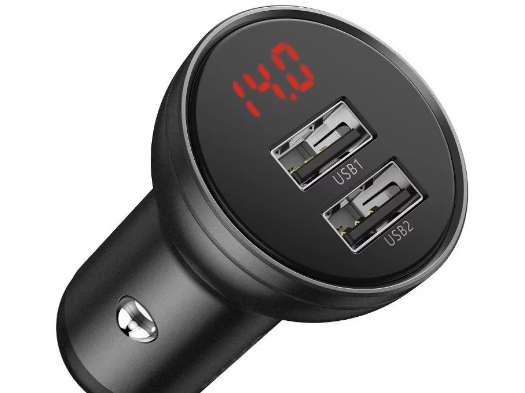 BASEUS nabíječka do auta 2xUSB 4,8A 24W Digitální displej + kabel 3v1 (Micro / Lightning 8-pin / Typ C) 1,2 metru - černá