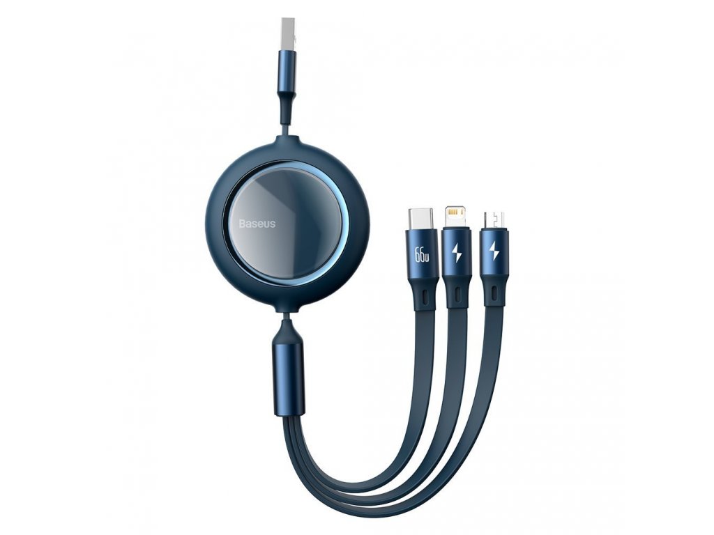 Bright Mirror zatahovací kabel 3v1 USB - micro USB/ USB-C/ Lightning 66W 1,2m modrý (CAMLC-MJ03)