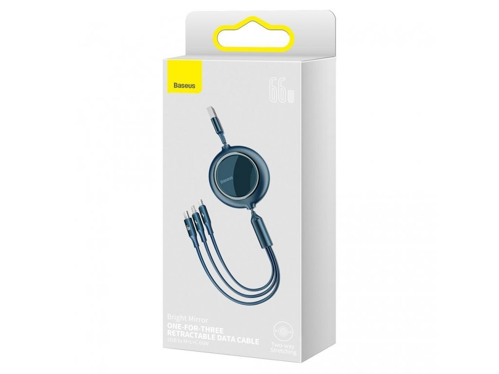 Bright Mirror zatahovací kabel 3v1 USB - micro USB/ USB-C/ Lightning 66W 1,2m modrý (CAMLC-MJ03)