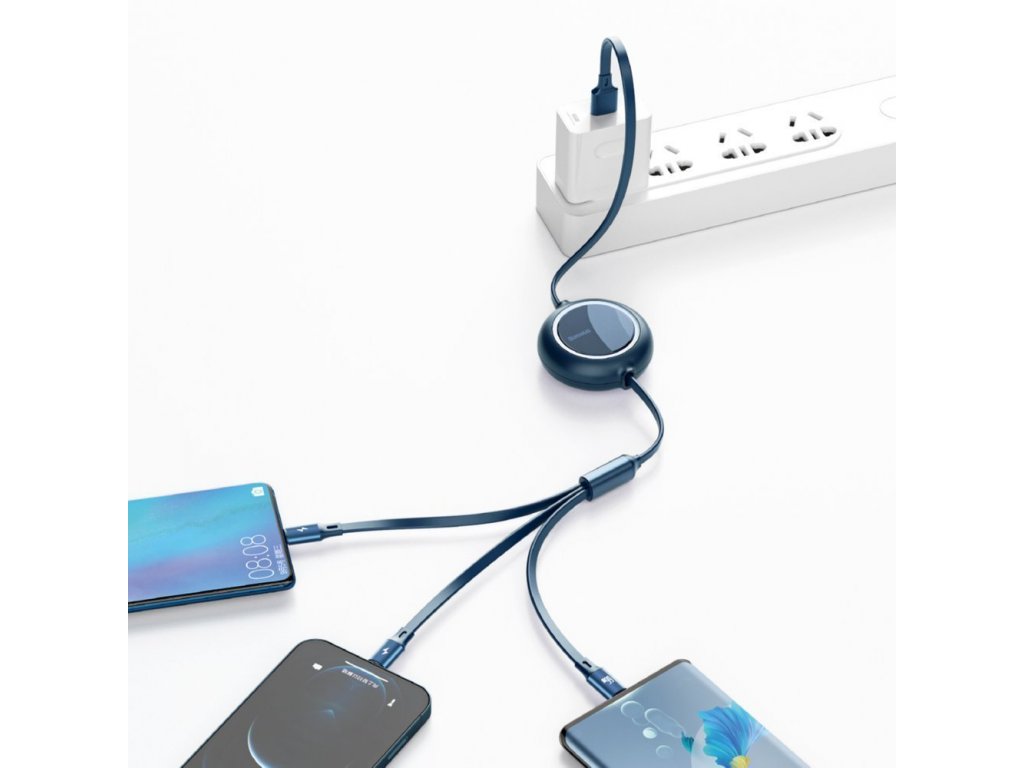 Bright Mirror zatahovací kabel 3v1 USB - micro USB/ USB-C/ Lightning 66W 1,2m modrý (CAMLC-MJ03)