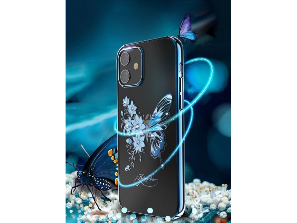 Butterfly Series lesklé pouzdro s originálními krystalky Swarovski motýli iPhone 12 Pro Max modré