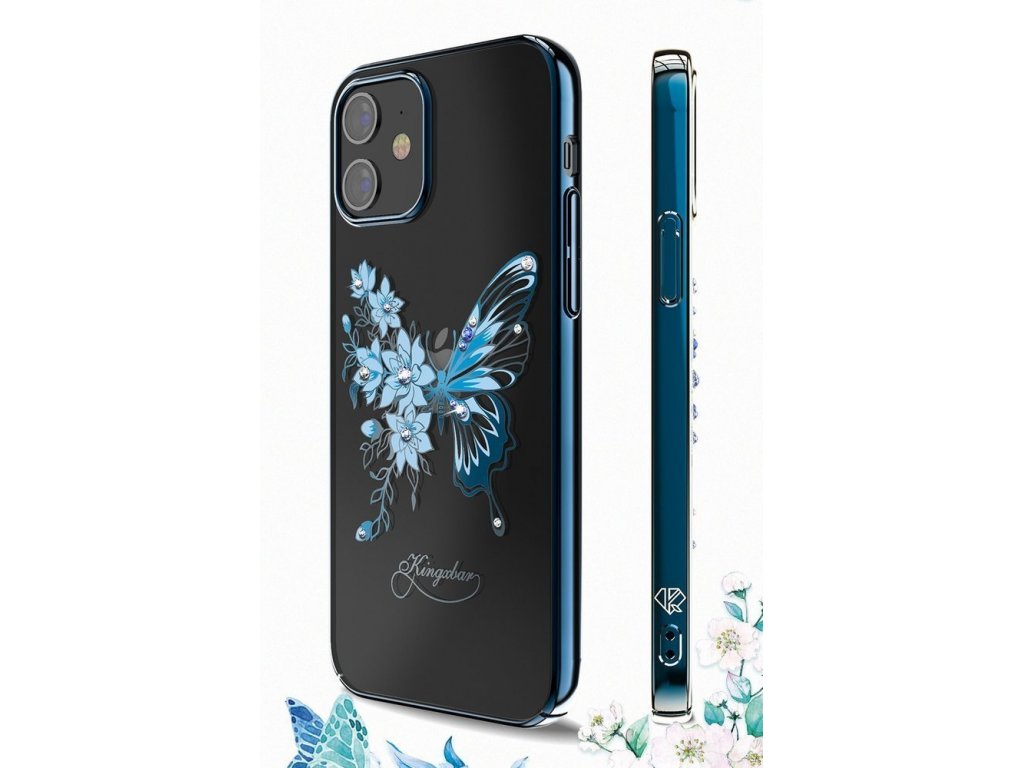 Butterfly Series lesklé pouzdro s originálními krystalky Swarovski motýli iPhone 12 Pro Max modré