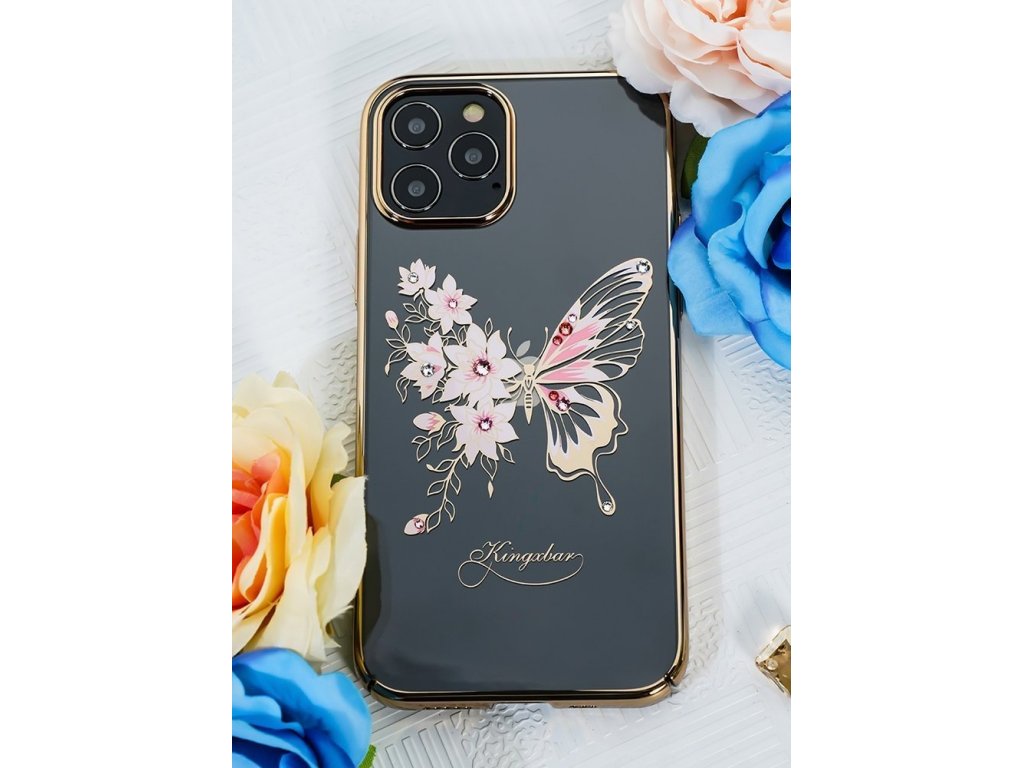 Butterfly Series lesklé pouzdro s originálními krystalky Swarovski motýli iPhone 12 Pro Max modré