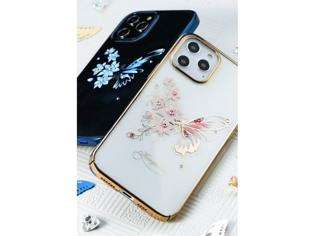 Butterfly Series lesklé pouzdro s originálními krystalky Swarovski motýli iPhone 12 Pro Max modré