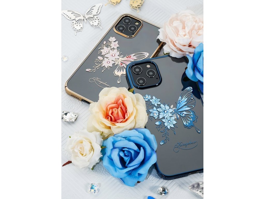 Butterfly Series lesklé pouzdro s originálními krystalky Swarovski motýli iPhone 12 Pro Max modré