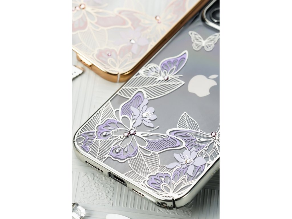 Butterfly Series lesklé pouzdro s originálními krystalky Swarovski motýli iPhone 12 Pro Max modré