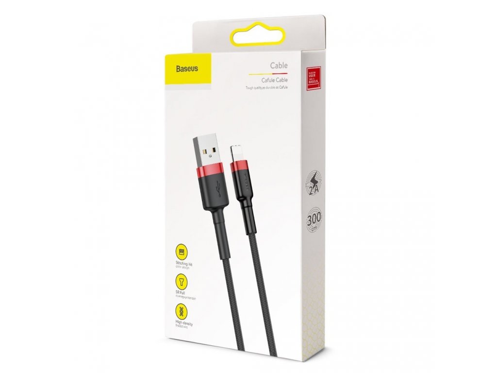 Cafule odolný nylonový kabel USB / Lightning QC3.0 2A 3M  černo-červený