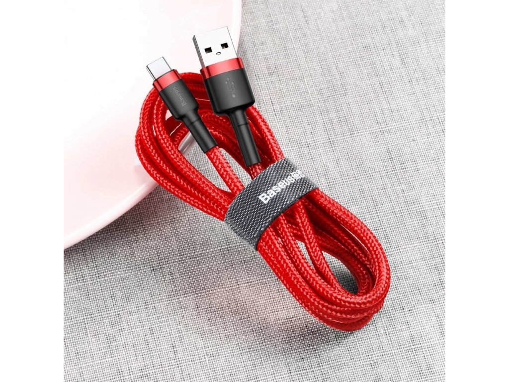 Cafule odolný nylonový kabel USB / USB-C QC3.0 2A 3M  červený