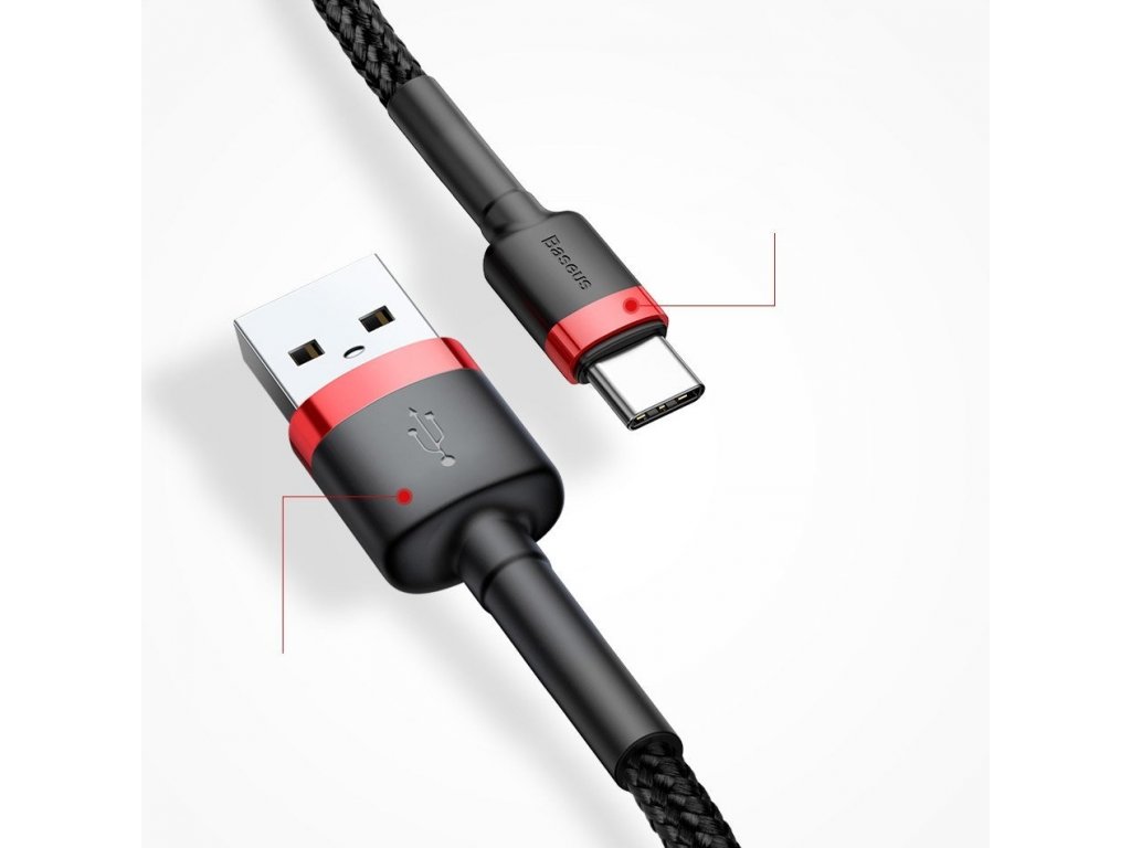 Cafule odolný nylonový kabel USB / USB-C QC3.0 2A 3M  červený