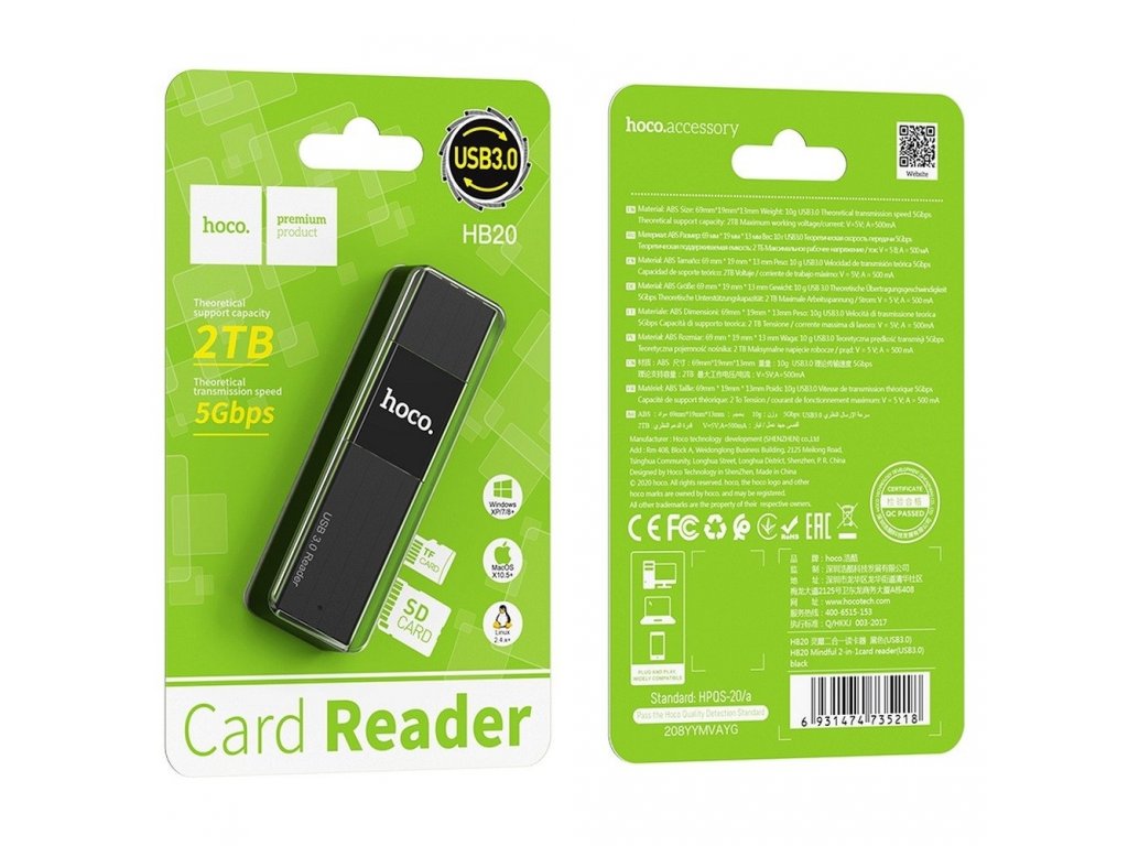 Čtečka paměťových karet 2 v 1 HOCO HB20 Mindful USB3.0