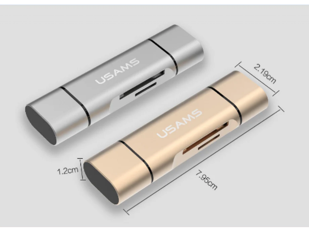 ČTEČKA PAMĚŤOVÝCH KARET SD, MICROSD S KONEKTORY USB, MICROUSB A USB TYPE-C - zlatá
