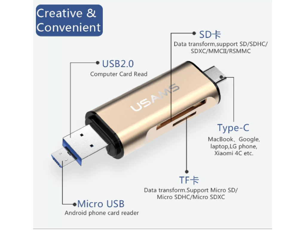 ČTEČKA PAMĚŤOVÝCH KARET SD, MICROSD S KONEKTORY USB, MICROUSB A USB TYPE-C - zlatá
