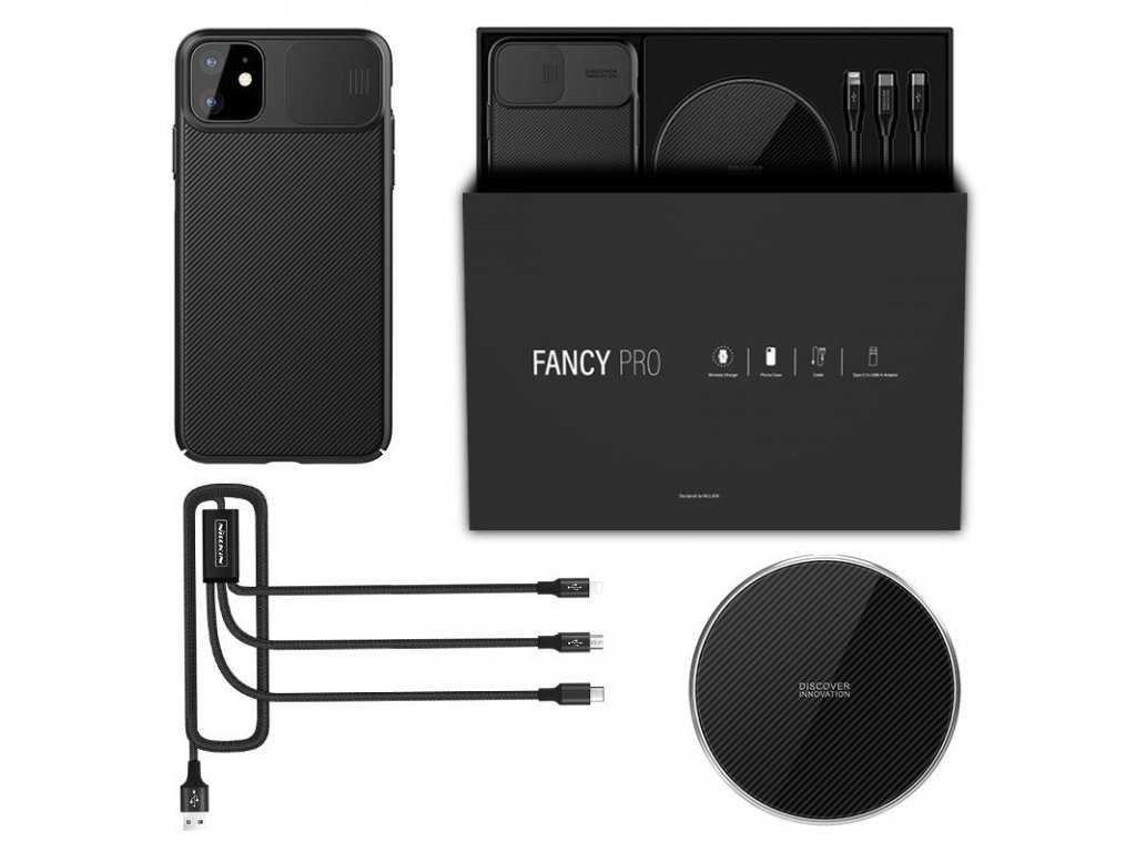 Dárková sada Fancy Pro Pouzdro na iPhone 11 Pro, 10W bezdrátová nabíječka Qi, kabel 3v1 USB - Lightning / USB typu C / micro USB 3A 1,5 m černý