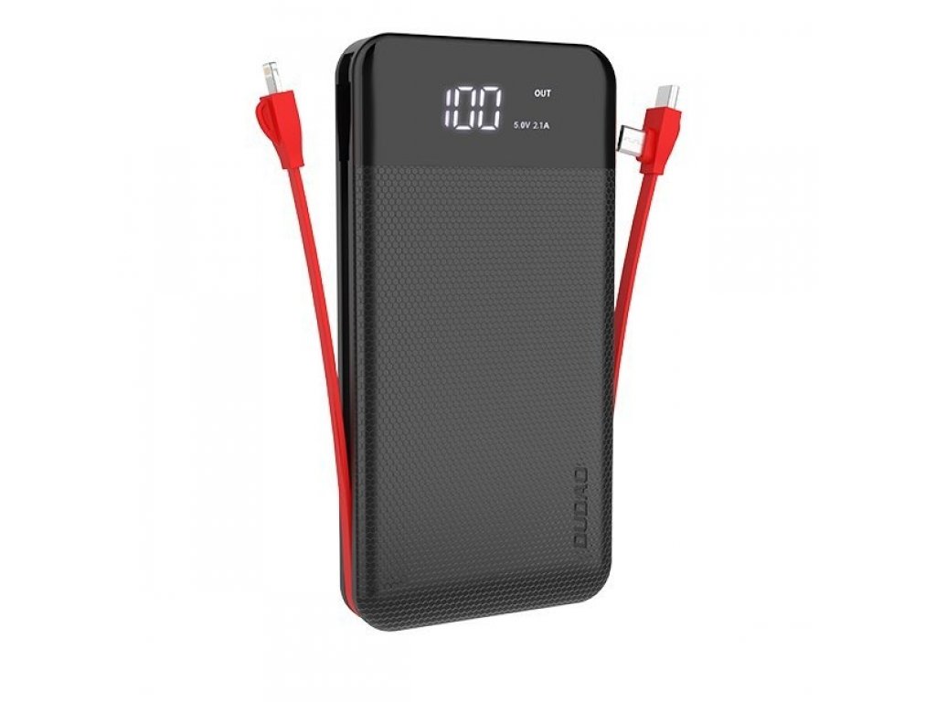 Dudao 2x USB powerbanka 10000mAh 2A vestavěný kabel 3v1 Lightning / USB Type C / micro USB 3A černá (K1A černá)