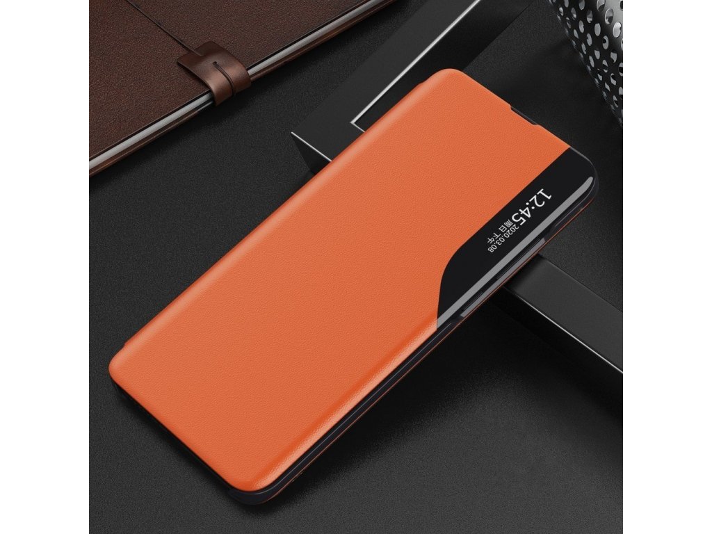 Eco Leather View Case elegantní pouzdro s klapkou a funkcí podstavce Huawei P40 Lite E oranžové