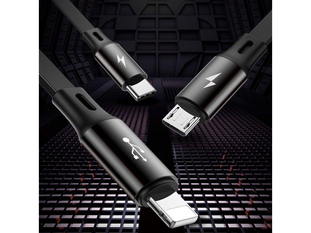 Elastický datový kabel 3v1 USB pro M+L+T 3,5A 1,2 m černý