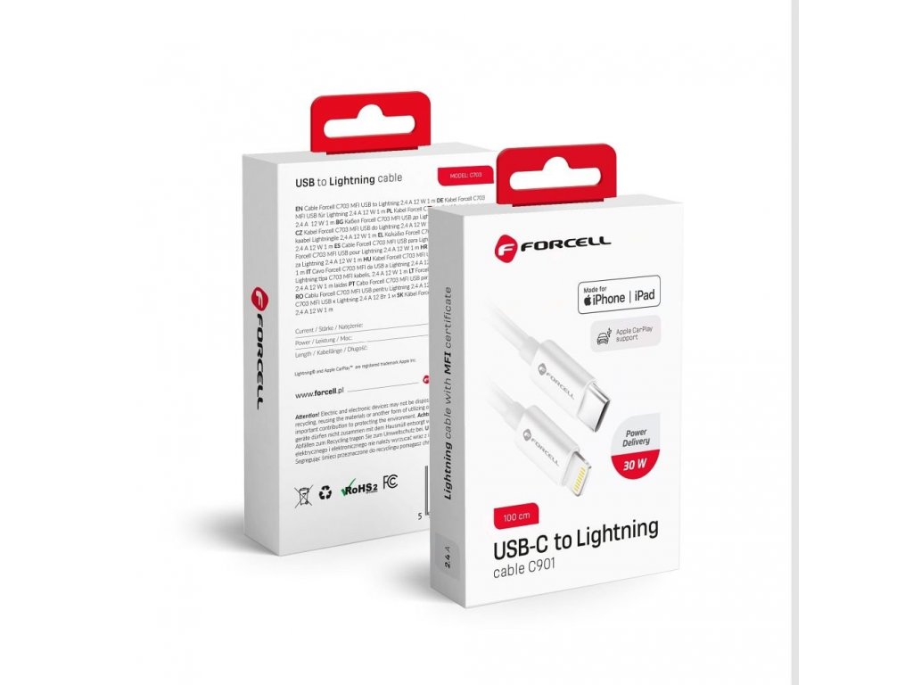 Kabel FORCELL USB-C na Lightning 8-pin MFI 3A/9V 30W (Max) C901 1m bílý
