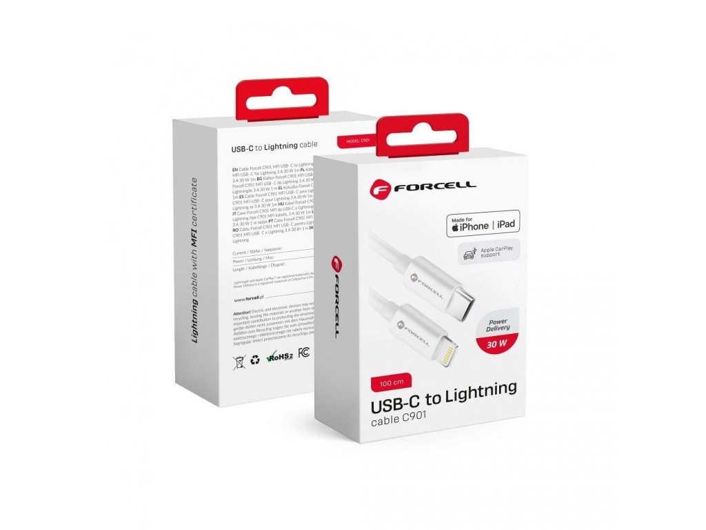 Kabel FORCELL USB-C na Lightning 8-pin MFI 3A/9V 30W (Max) C901 1m bílý