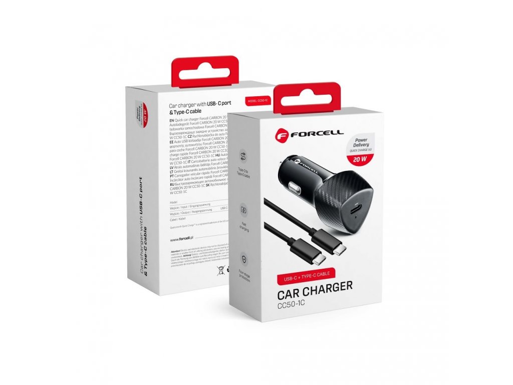 FORCELL CARBON nabíječka do auta typ C 3.0 černá (celkem 20W) + kabel pro typ C