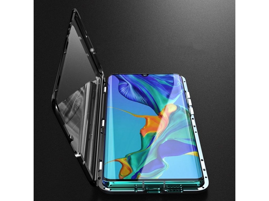 Full Magnetic Case magnetické pouzdro 360 na přední i zadní část + sklo na displej Huawei Mate 30 Lite černo/průsvitné