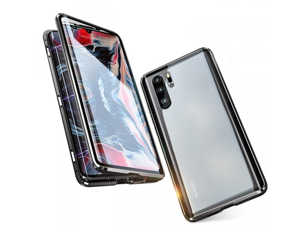 Full Magnetic Case magnetické pouzdro 360 na přední i zadní část + sklo na displej Huawei Mate 30 Lite černo/průsvitné